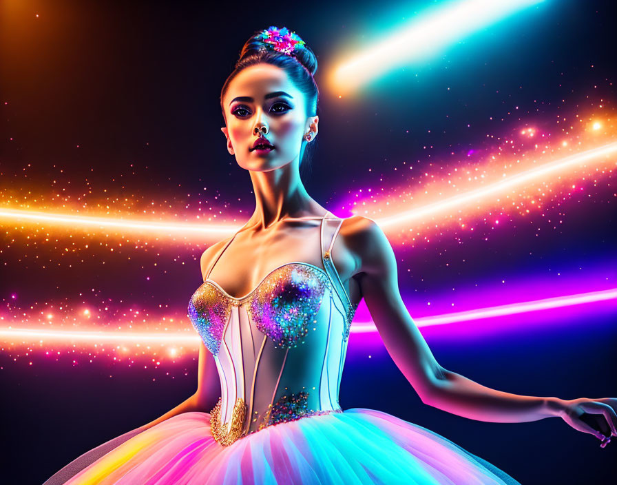 Colorful Ballerina in Glittering Bodice and Multicolored Tutu under Neon Lights