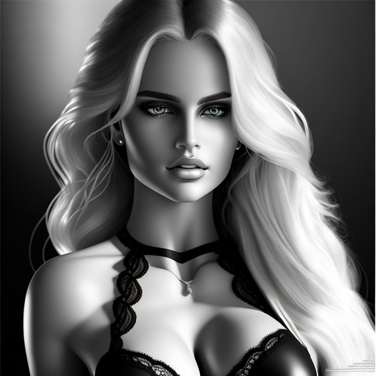 3D-rendered portrait of a woman with blue eyes and blonde hair in black lace outfit