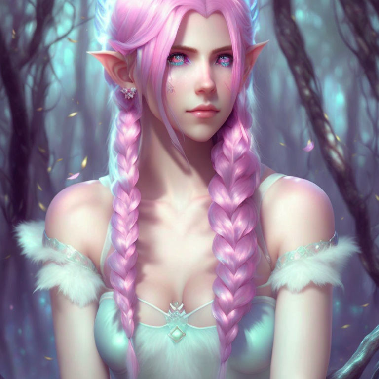 Pink-haired elf with teary eyes in blue top, mystical forest