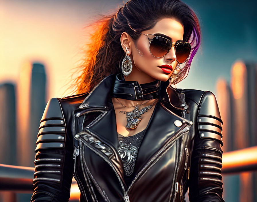 Stylish woman in sunglasses and leather jacket against city backdrop