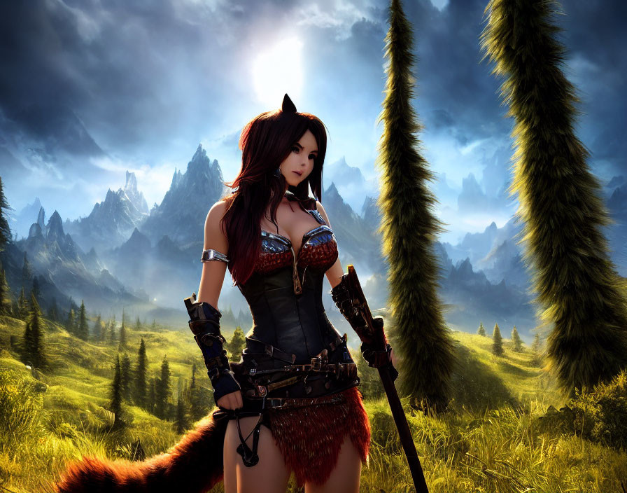 Fantasy female character with fox tail and staff in mountain landscape