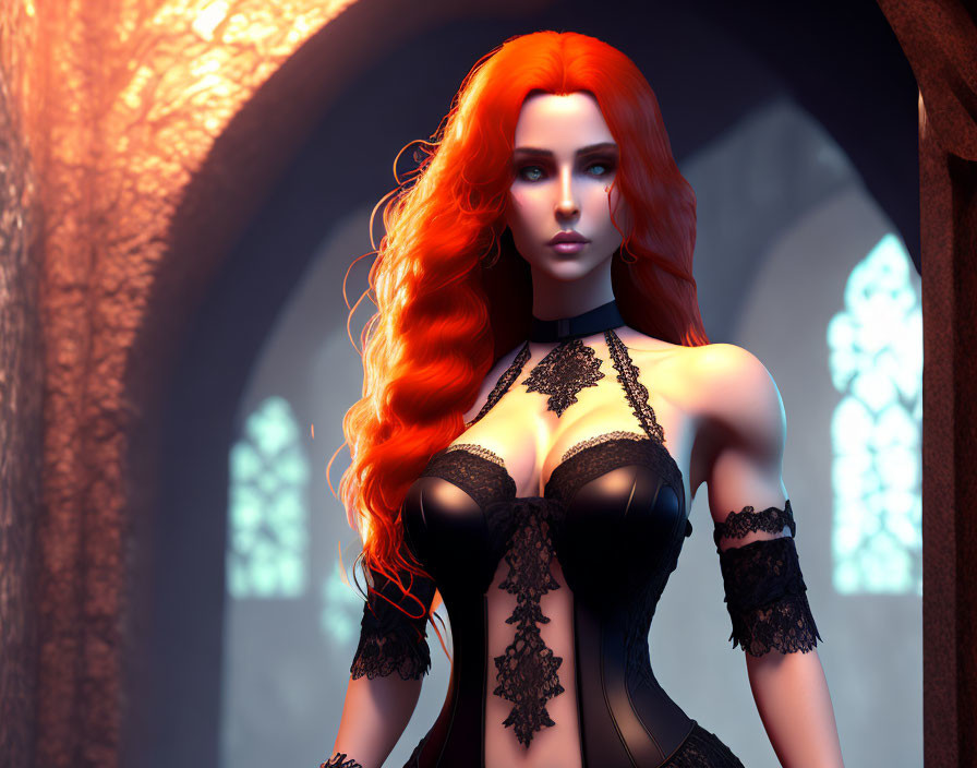 3D rendered image of woman with red hair in black lace corset