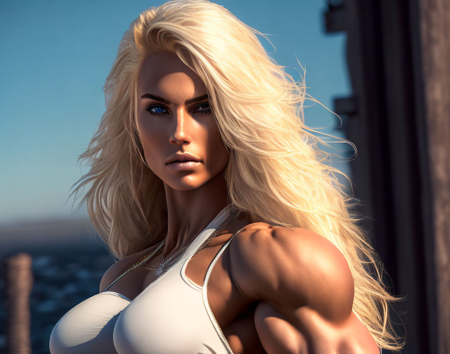 Muscular woman with blonde hair in white top art piece