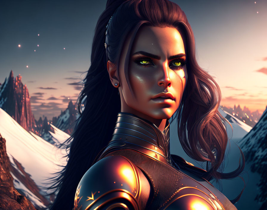 Female warrior digital art: green-eyed warrior in ornate armor on snowy mountain at sunset