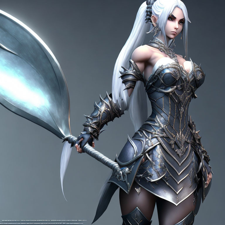 Silver-haired female fantasy warrior in ornate armor with a curved blade