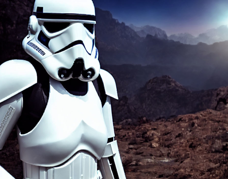 Stormtrooper in white armor against mountainous backdrop