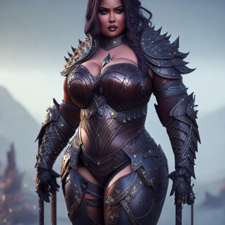 Fantasy digital artwork of full-figured woman in dark armor