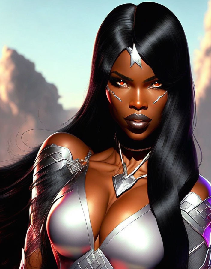 Dark-Skinned Female Superhero in Silver Tiara and Metallic Armor