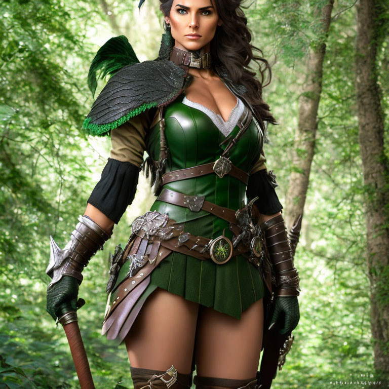 Fantasy-inspired woman in green and brown armor with feather shoulder piece holding a mace in forest setting