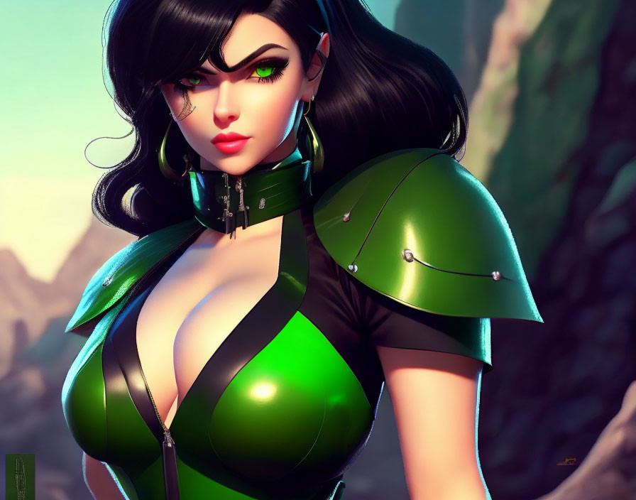 Digital illustration: Woman in futuristic green armor with black hair and green eyes