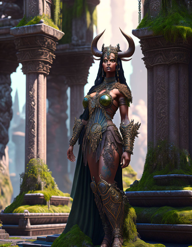 Fantasy warrior woman in ornate armor amidst moss-covered ruins