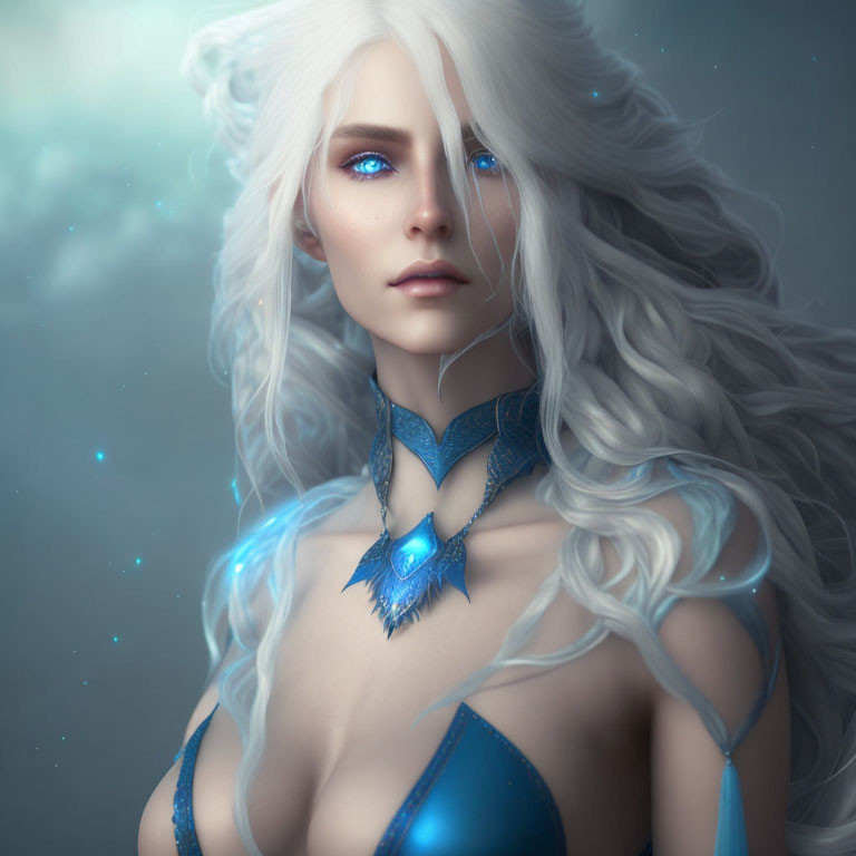 Fantasy digital artwork of woman with white hair and blue attire