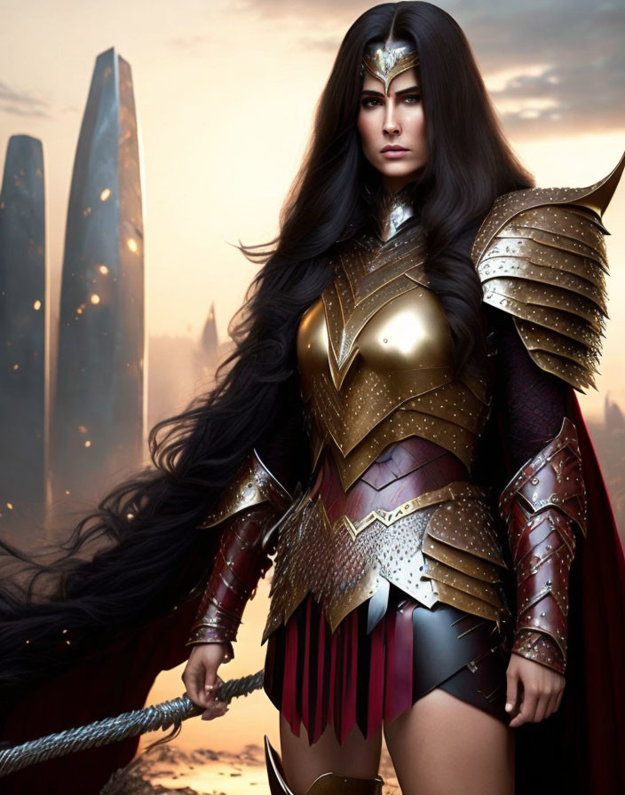 Female warrior in golden and burgundy armor with lasso against sunset cityscape