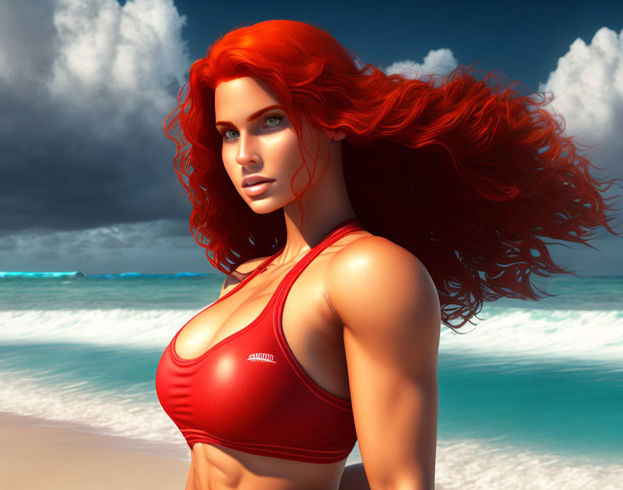 Digital artwork: Woman with red hair in sports top on vibrant beach