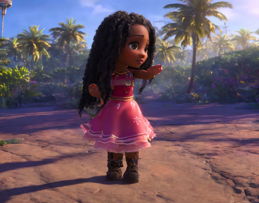 Young girl with curly hair in pink dress and boots walking in tropical setting.