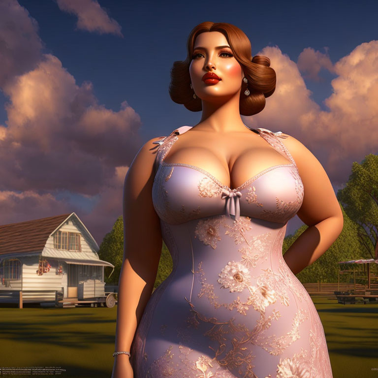 Digital illustration: Voluptuous woman in floral dress with farmhouse at sunset