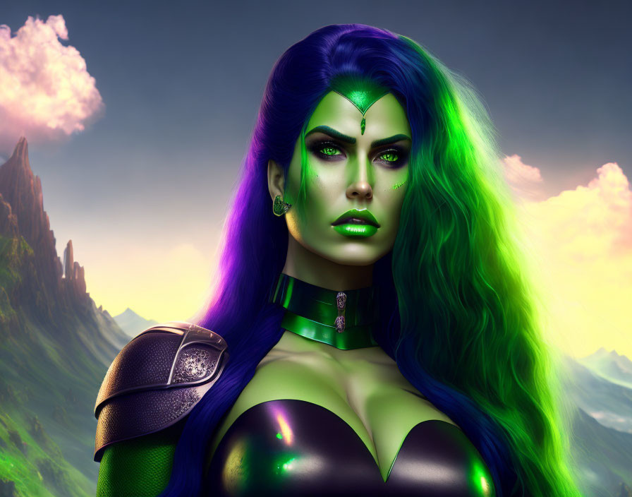 Colorful Female Figure with Green Skin and Fantasy Makeup in Mountainous Setting