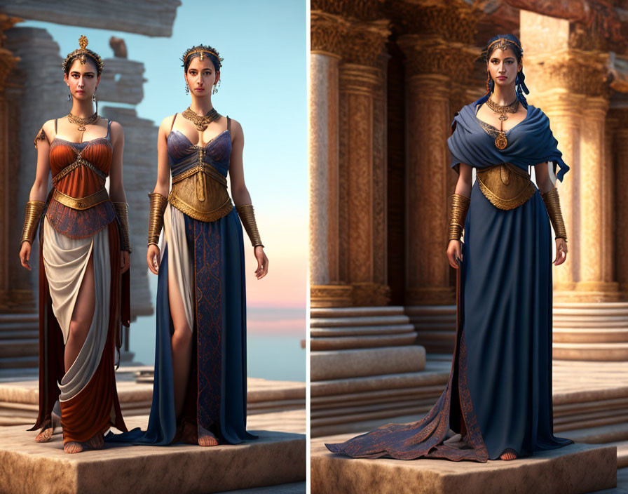 Two women in ancient Greek attire with ornate jewelry and elaborate hairstyles against temple backdrop.