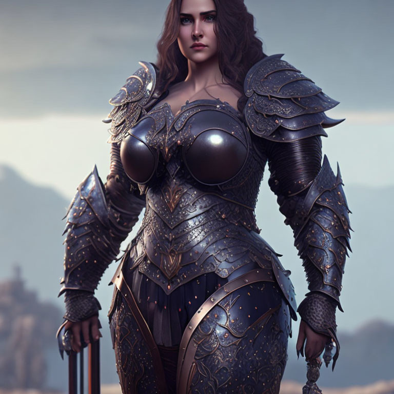 Female warrior in dark metallic armor with sword against mountainous backdrop