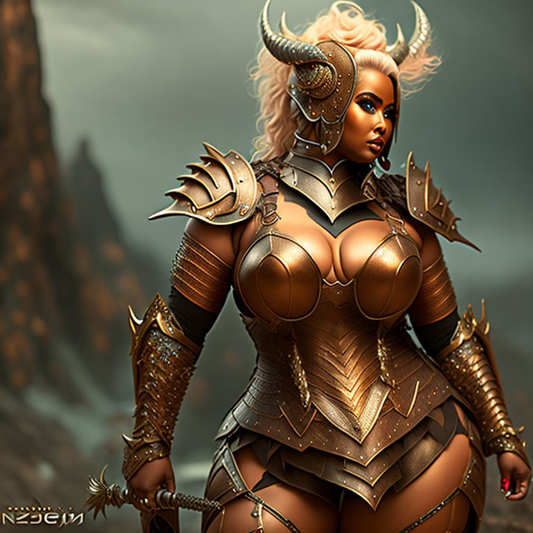 Fantasy warrior woman in bronze armor with horns and spear on rocky backdrop