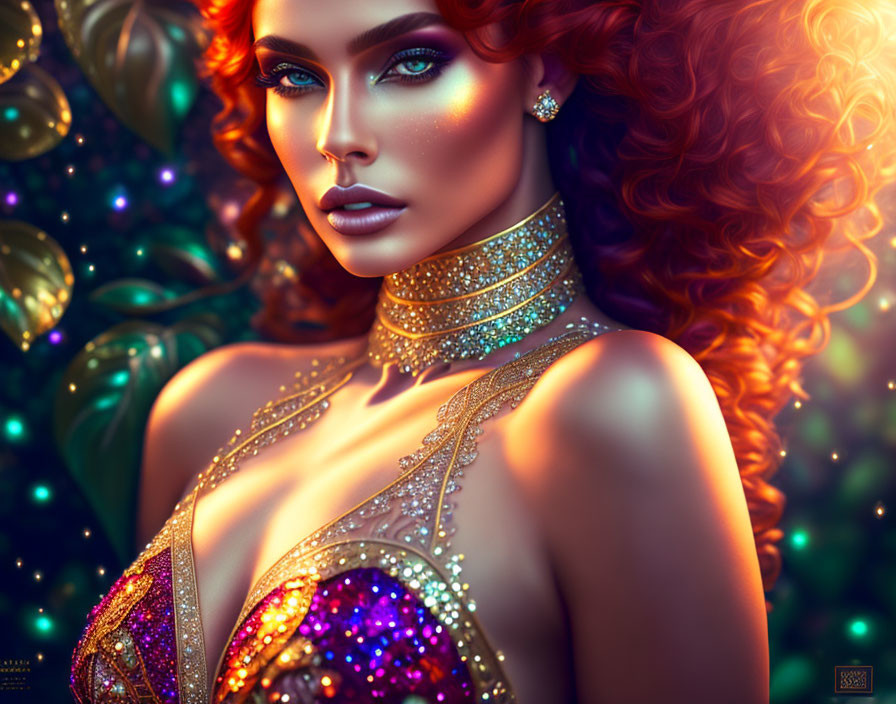 Digital illustration: Woman with red curly hair, sparkling makeup, and glittering jewelry against bokeh lights