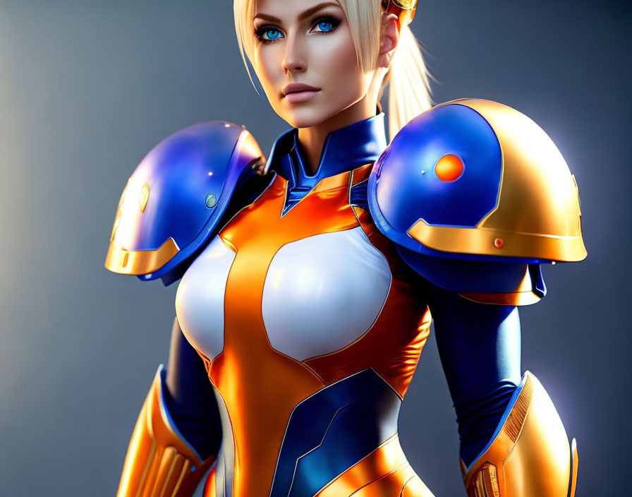 Blonde Female Character in Futuristic Blue and Orange Armor