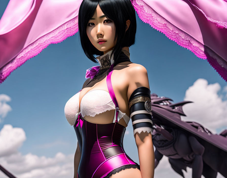 3D-rendered image of woman in white and purple outfit with wing-like extensions