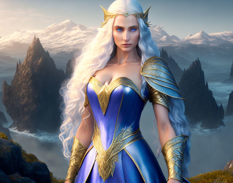 Regal elf in blue and gold armor against snowy mountains