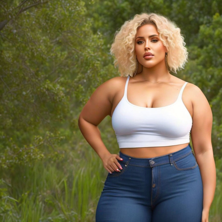 Blonde curly-haired woman in white tank top and blue jeans in front of lush greenery