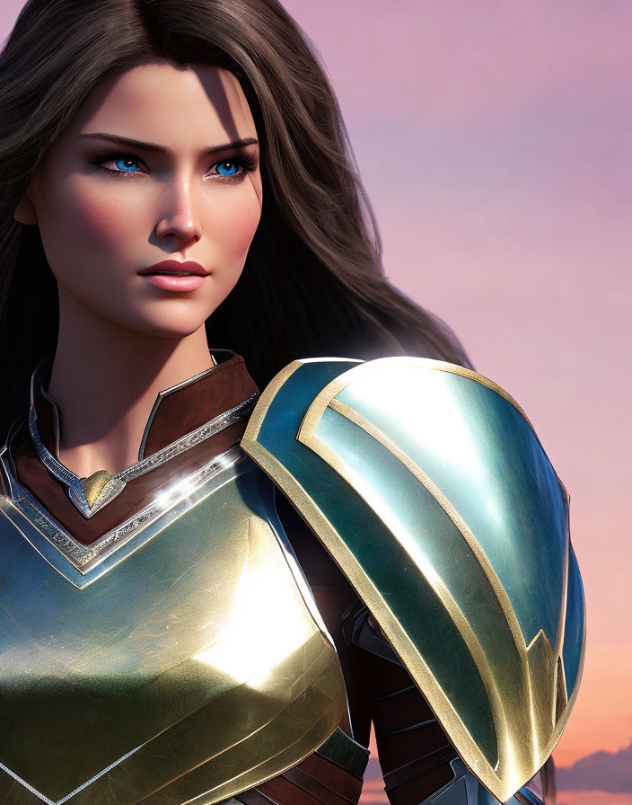 Female warrior digital artwork: blue-eyed, brown hair, ornate armor under pastel sunset.