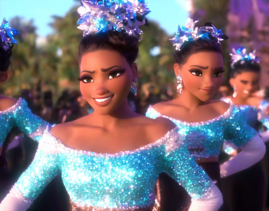 Animated female characters in sparkling blue costumes at a festive event