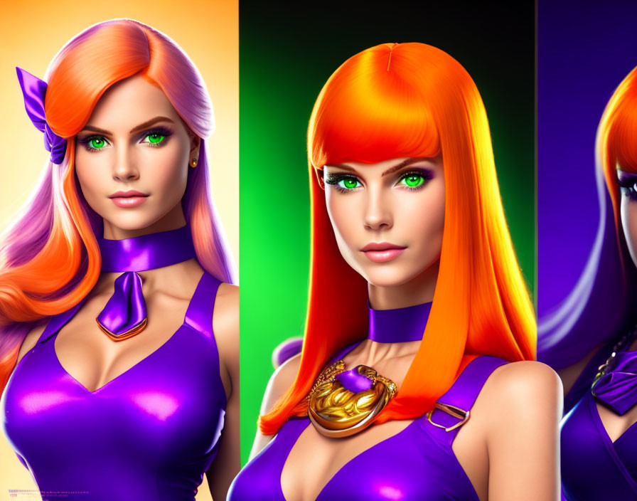 Character with Long Orange Hair in Purple Costume on Two-Tone Background