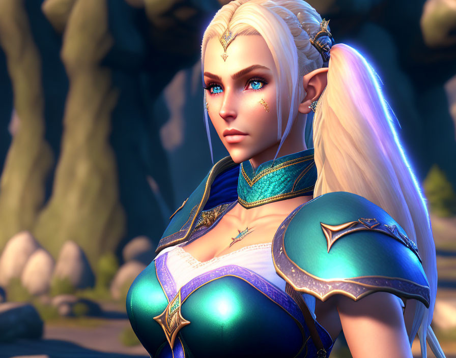 Fantasy female elf with blue eyes and blonde hair in ornate armor in twilight forest.