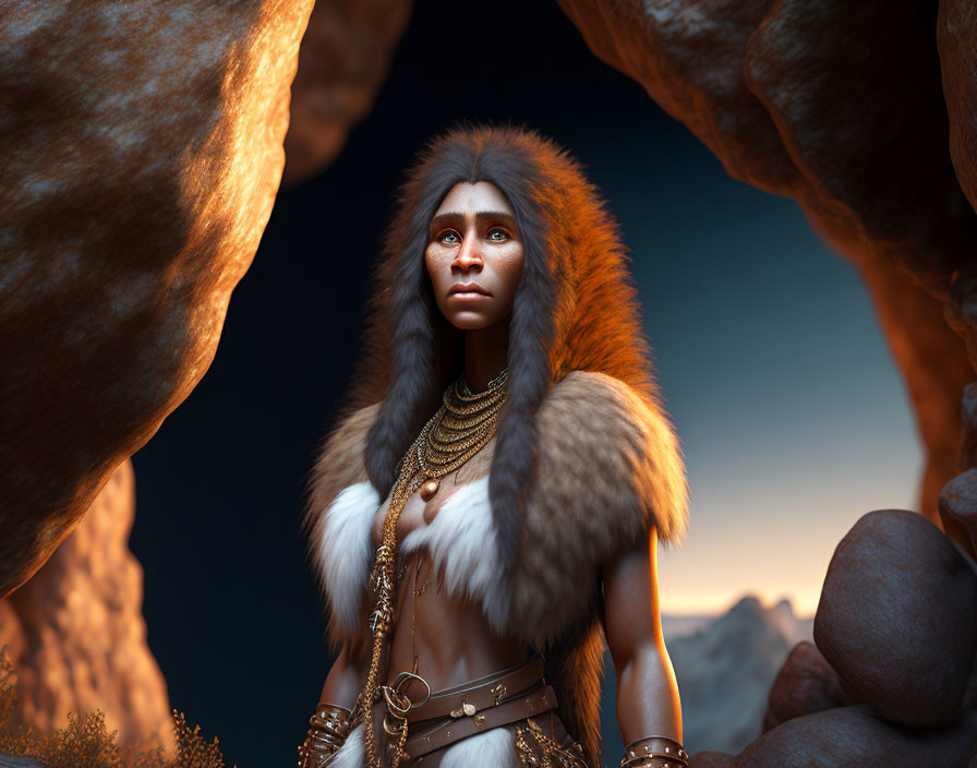 Digital image of woman in tribal attire with fur clothing and gold jewelry amid rock formations at twilight