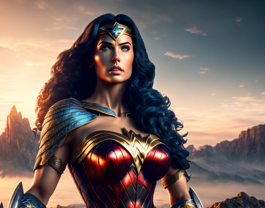 Fierce Wonder Woman in armor with glowing lasso against dramatic backdrop