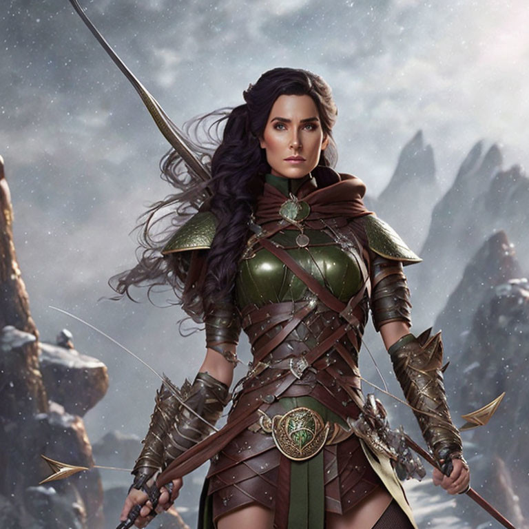 Warrior woman in green and brown leather armor with spear against snowy mountain.