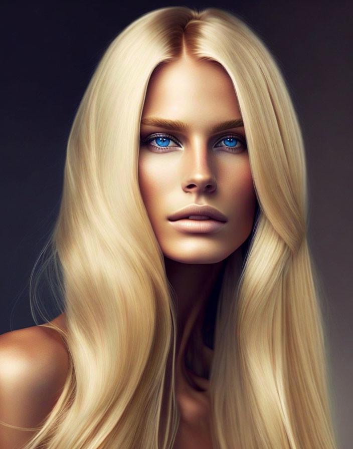 Woman with Long Blonde Hair and Striking Blue Eyes Portrait