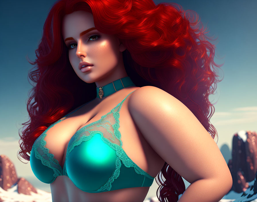 Voluminous red hair woman in teal lace bra against desert backdrop