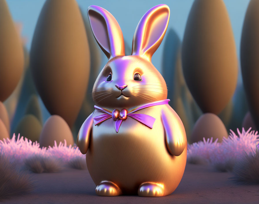 Golden Bunny Figurine with Purple Bow Tie Among Stylized Trees