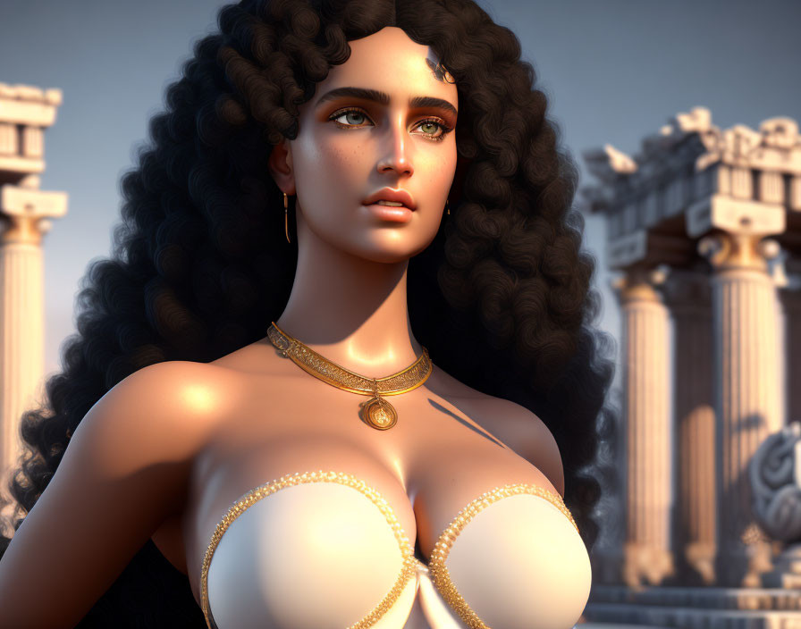 3D-rendered woman with curly hair, green eyes, gold jewelry, ancient temple backdrop