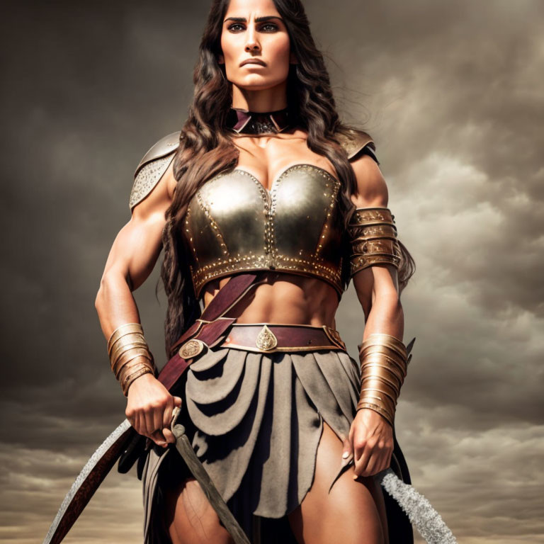 Warrior woman in metallic armor with swords under dramatic sky