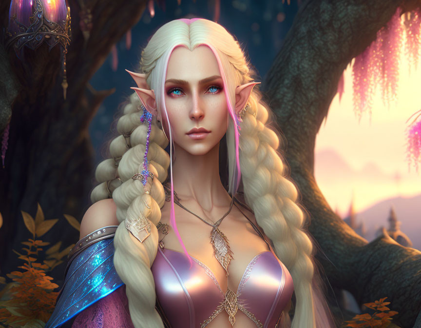 Blonde-haired elf in purple outfit in mystical forest at sunset