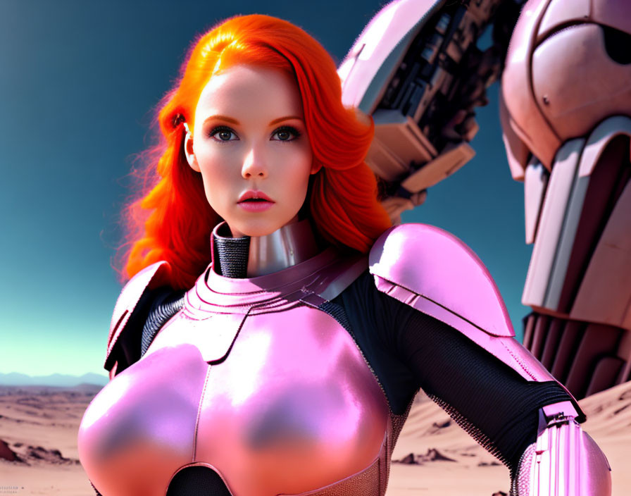 Vibrant orange-haired woman in futuristic armor with robot in desert - 3D illustration