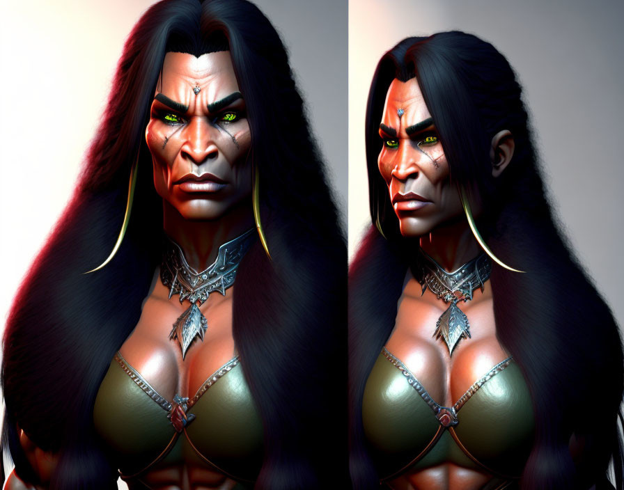 Split image of female orc with green skin, long dark hair, tusks, yellow eyes, armor