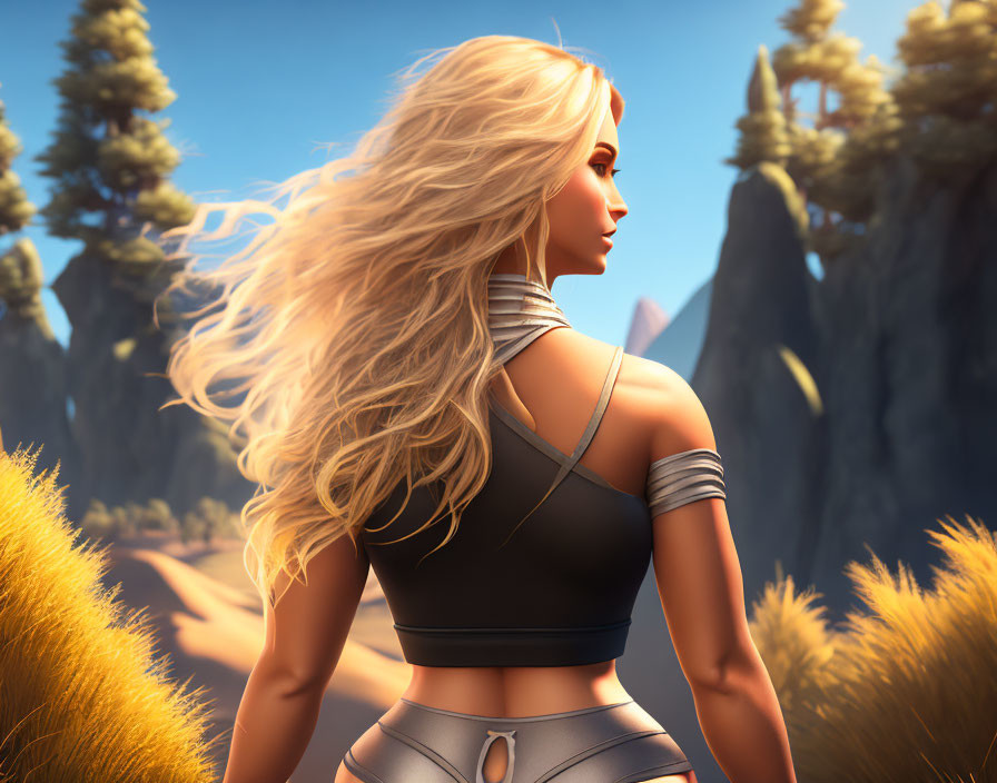 Blonde woman in athletic wear overlooking mountainous landscape