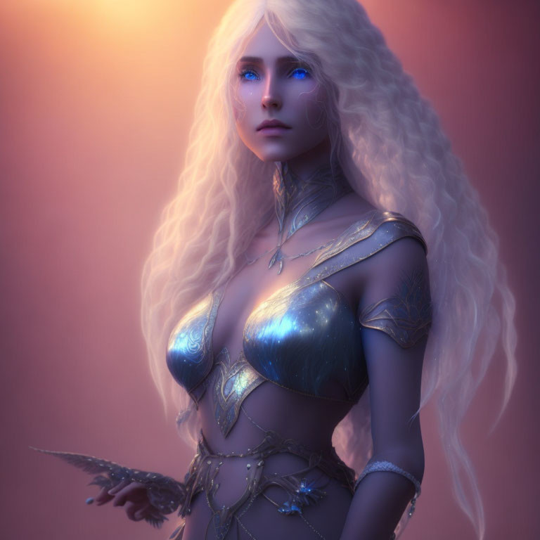 Fantasy female warrior with white hair in blue and gold armor