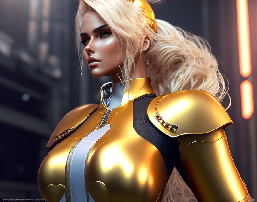 Blonde woman in futuristic gold and black armor with earpiece, against neon-lit sci-fi backdrop