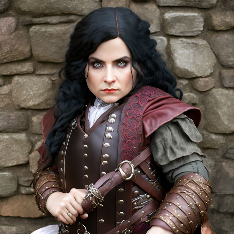 Person in Historical Fantasy Costume with Leather Armor and Detailed Vest Posing in Front of Stone Wall