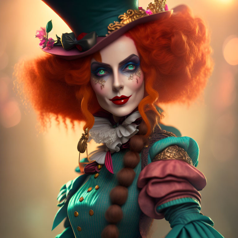 Female Mad Hatter with Red Hair and Green Top Hat