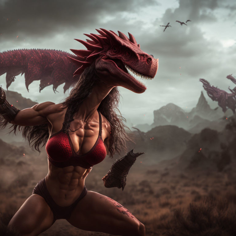 Muscular woman with dragon head in smoky landscape with flying dragons